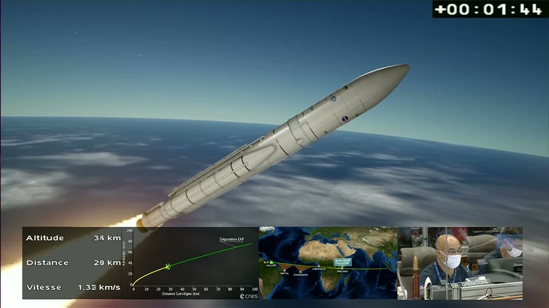 Animated rocket in flight, side boosters attached, with a telemetry panel reading altitude 35 km, distance 28 km, speed 1.33 km/s