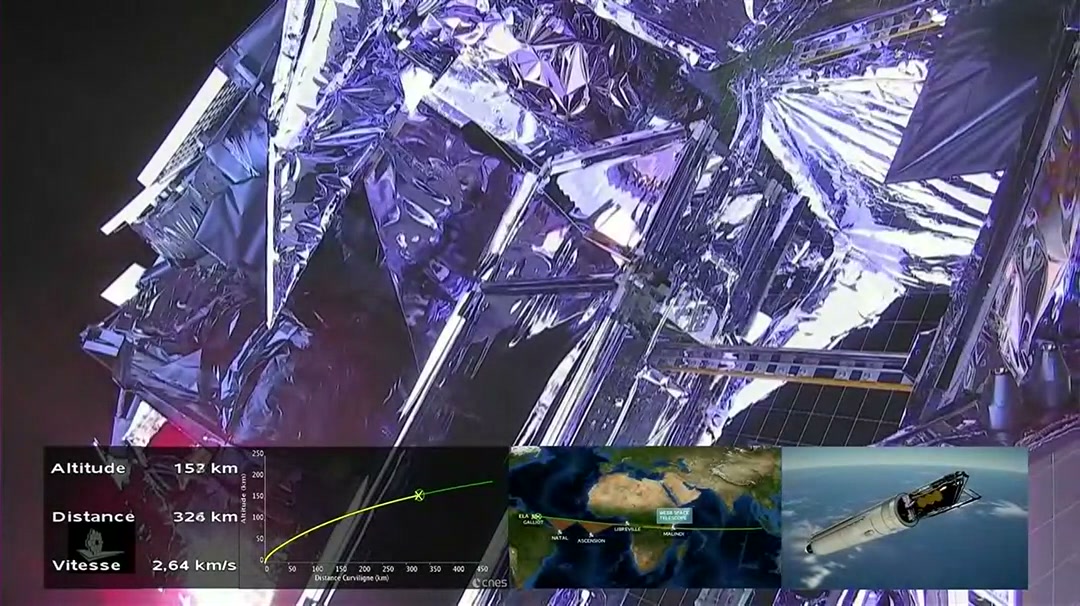 Close-up of the telescope's foil with a small inset animation of the rocket at bottom right